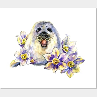 White seal with flowers Posters and Art